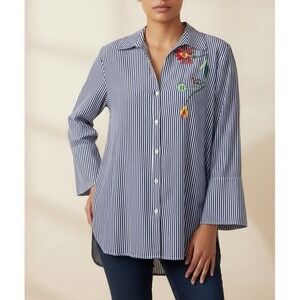 Melissa Paige Button Down Women M Blue White Striped Floral Embroidered Rayon